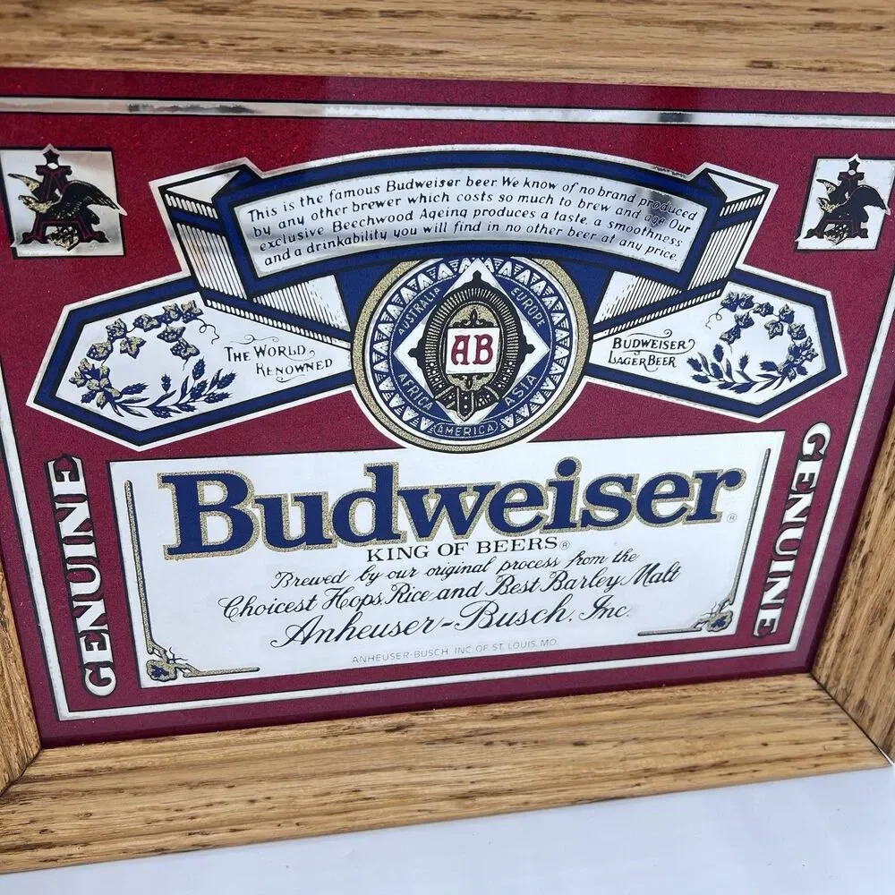 Vintage Budweiser Beer Advertising Solid Wood Framed Mirror Sign Bud-NOS 1981